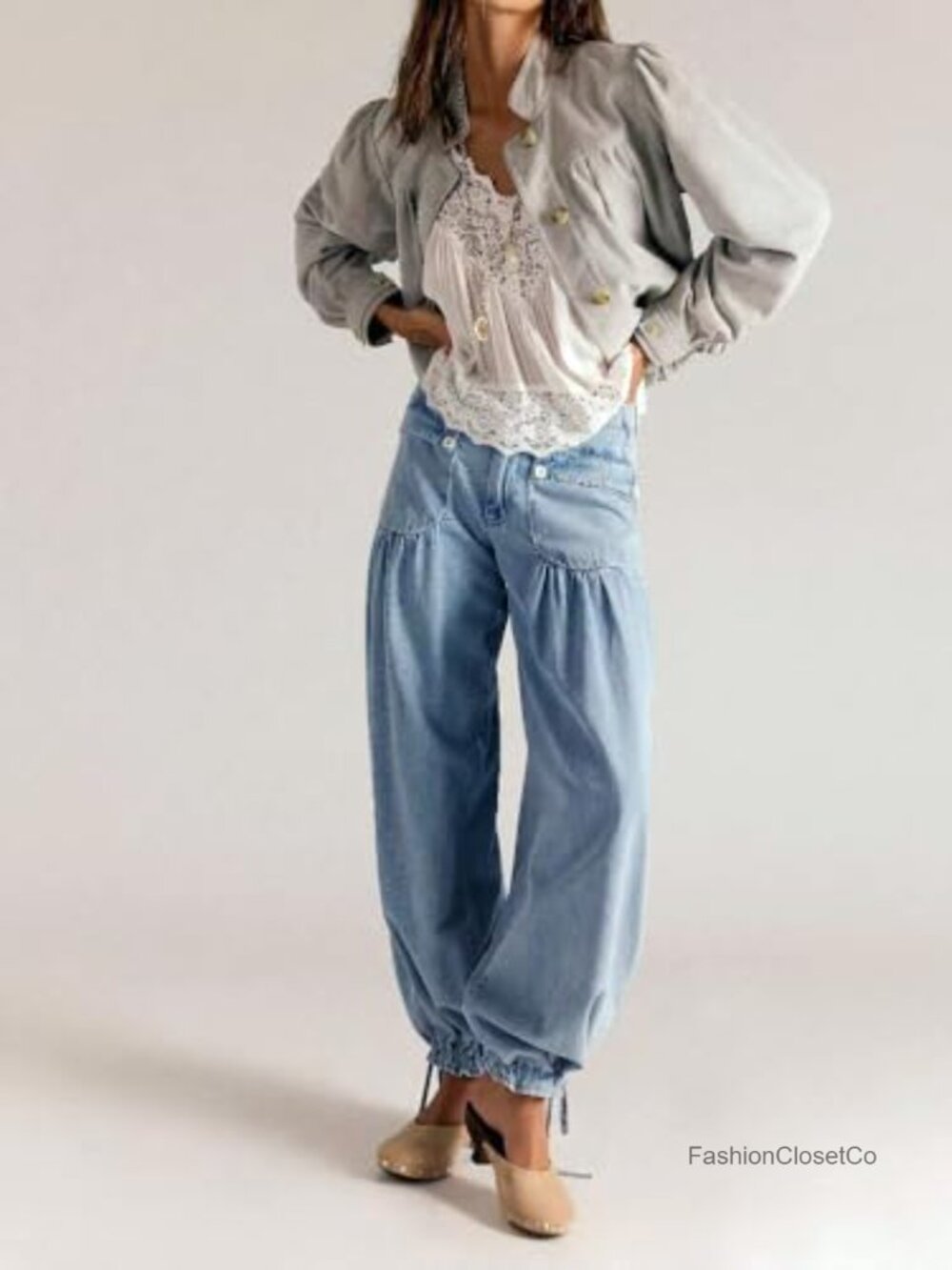 Wide Leg Baggy Denim Jeans Mid Rise Lotus Elastic Hem - Picture 2 of 6